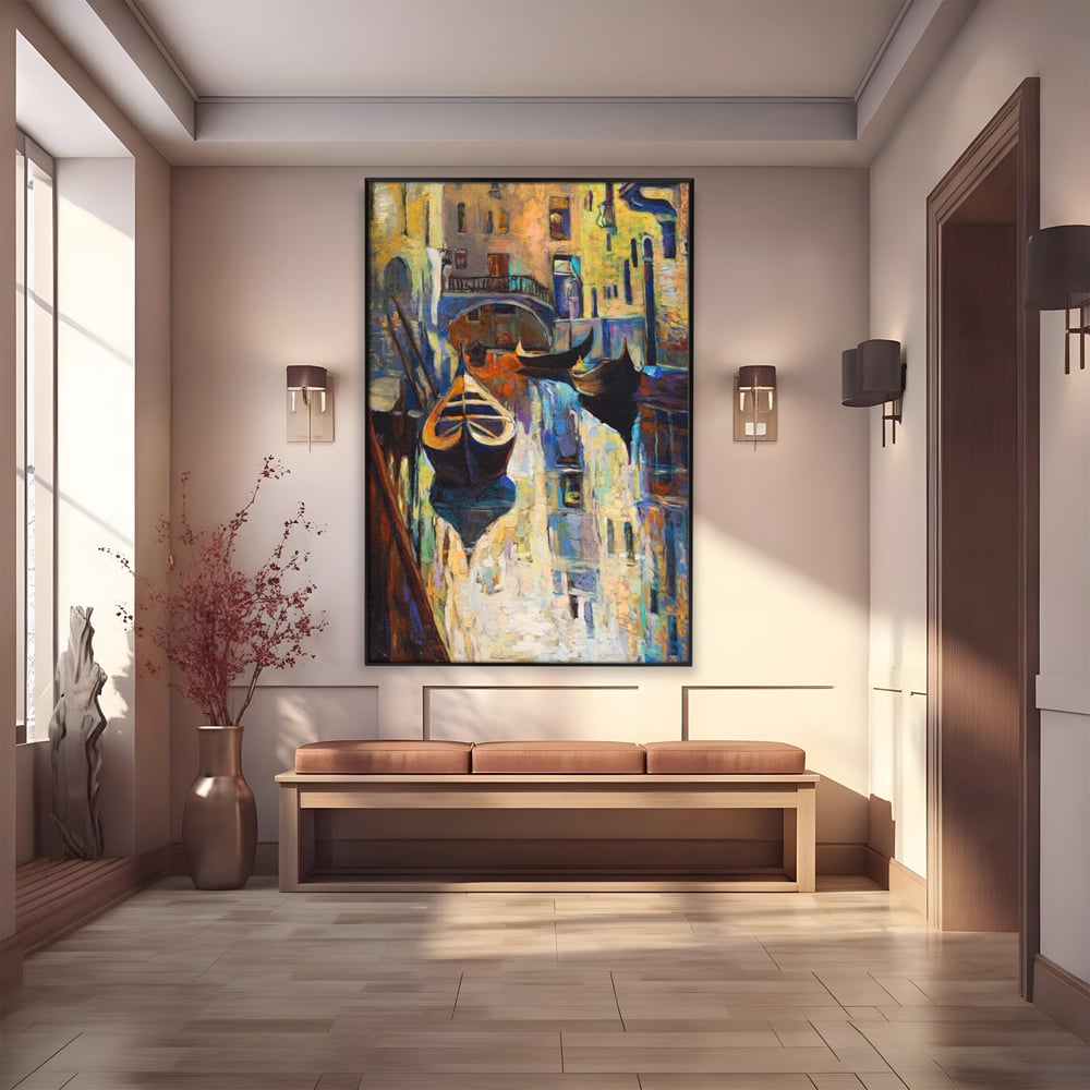 Tablou canvas cu pictura canvas cu gondole in venetia, in rama de aluminiu negru